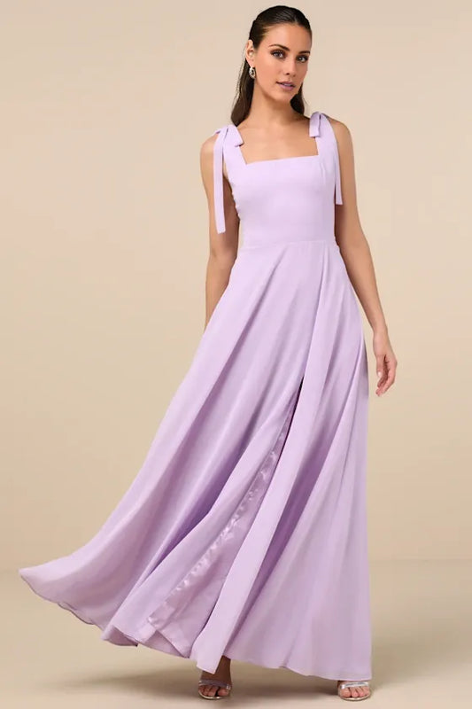 Gorgeous for women Square Neck Tie-Strap High-Slit Chiffon Maxi Dress Prom Dress