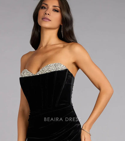 Gorgeous for women Strapless Beaded Velvet High Slit Mermaid Maxi Dress Prom Dress