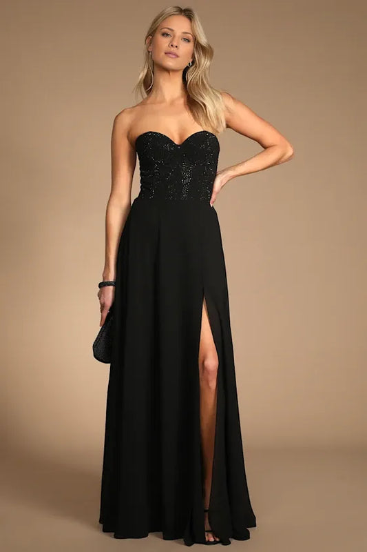 Gorgeous for women Strapless Sequin-Bodice Chiffon High-Slit Maxi Dress Prom Dress