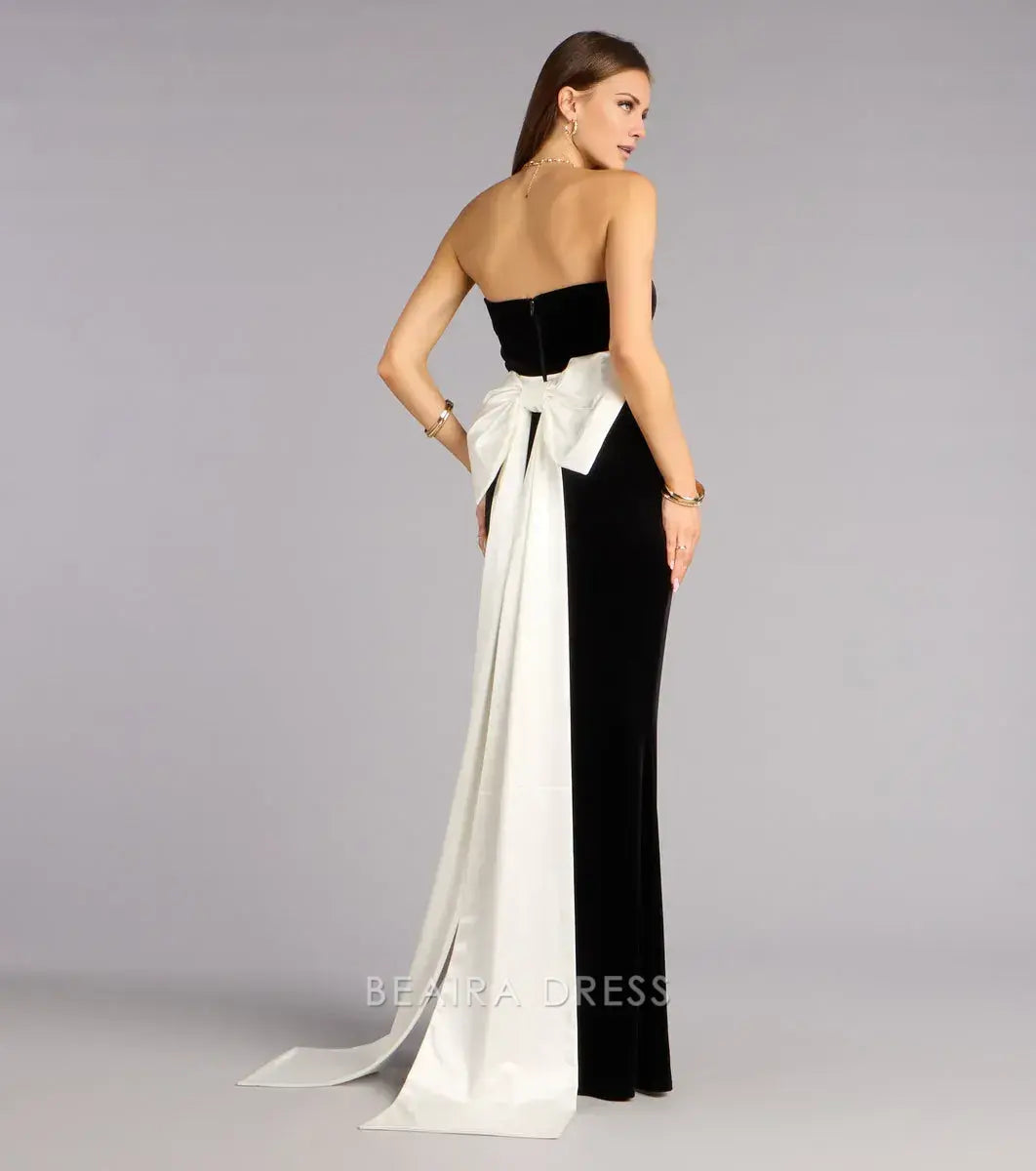 Gorgeous for women Strapless Velvet High Slit Maxi Dress with Contrast Bow Train Prom Dress