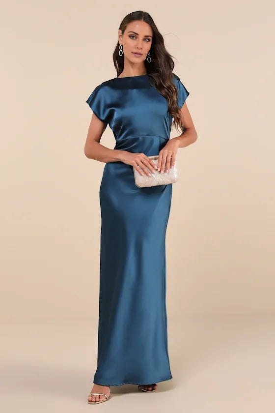 Gorgeous for women Teal Satin Round Neck Short Sleeve Draped Open Back Maxi Dress Prom Dress