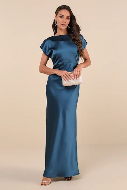 Gorgeous for women Teal Satin Round Neck Short Sleeve Draped Open Back Maxi Dress Prom Dress