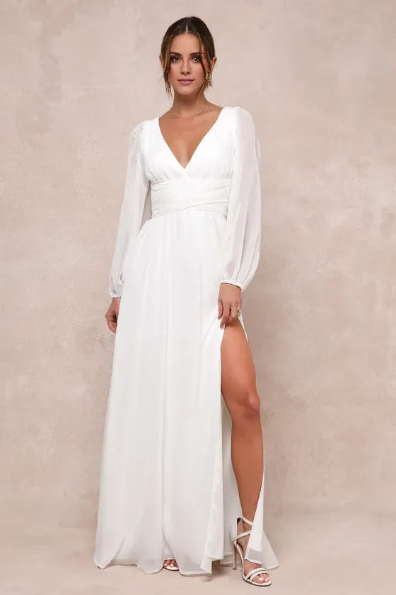 Gorgeous for women White Deep V-Neck Puff Long Sleeve High-Waisted Open Back High-Slit Maxi Dress Prom Dress