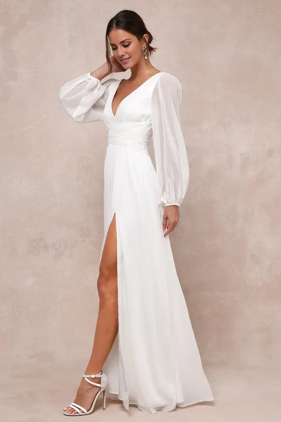 Gorgeous for women White Deep V-Neck Puff Long Sleeve High-Waisted Open Back High-Slit Maxi Dress Prom Dress