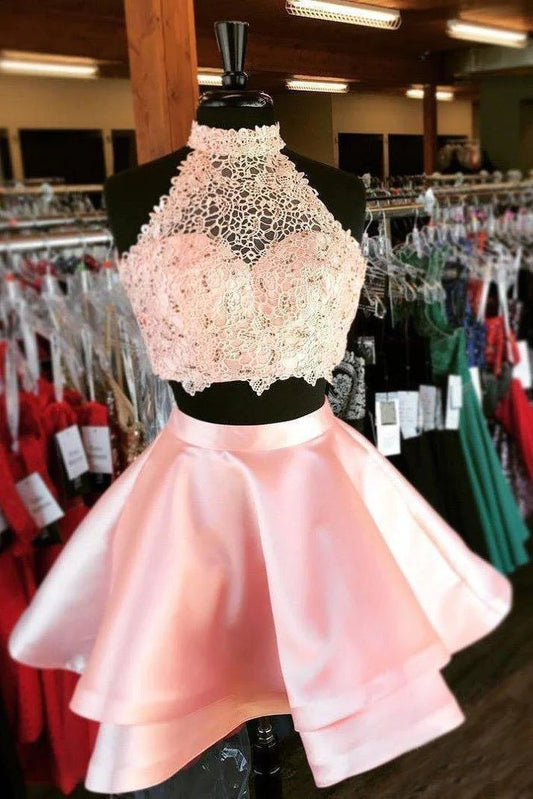 Halter 2 Piece Pink Satin Homecoming Dresses with Lace Mini Short Cocktail Dresses