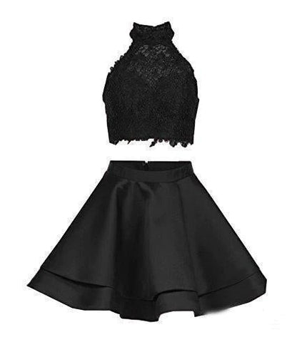 Halter 2 Piece Pink Satin Homecoming Dresses with Lace Mini Short Cocktail Dresses