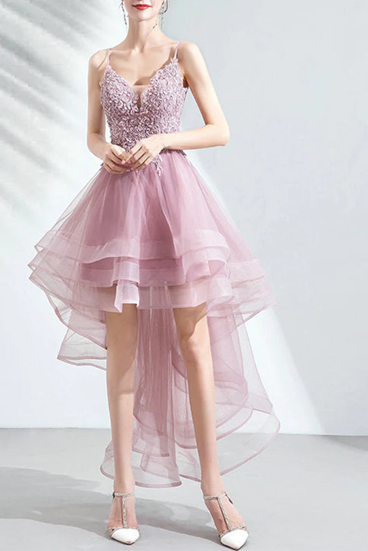 High Low Spaghetti Straps Tulle Homecoming Dresses with Appliques