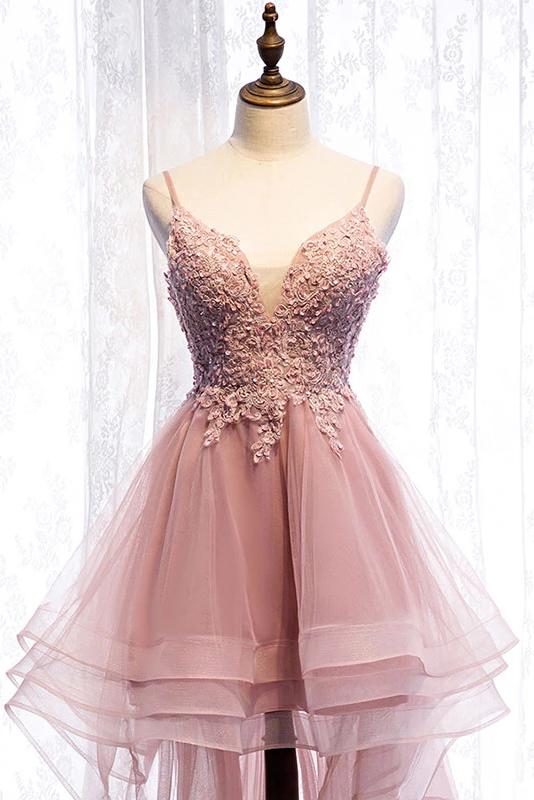 High Low Spaghetti Straps Tulle Homecoming Dresses with Appliques