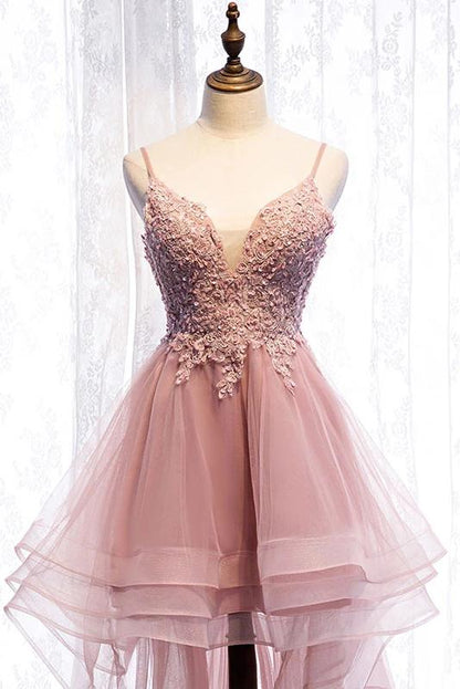 High Low Spaghetti Straps Tulle Homecoming Dresses with Appliques