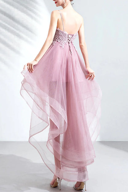 High Low Spaghetti Straps Tulle Homecoming Dresses with Appliques