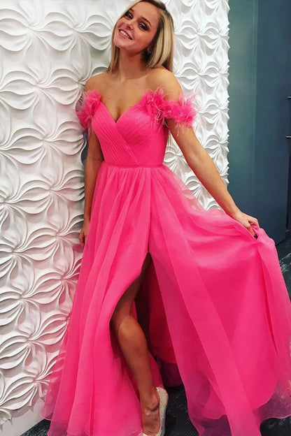 Off The Shoulder Tulle Prom Dresses Lace Up With Split