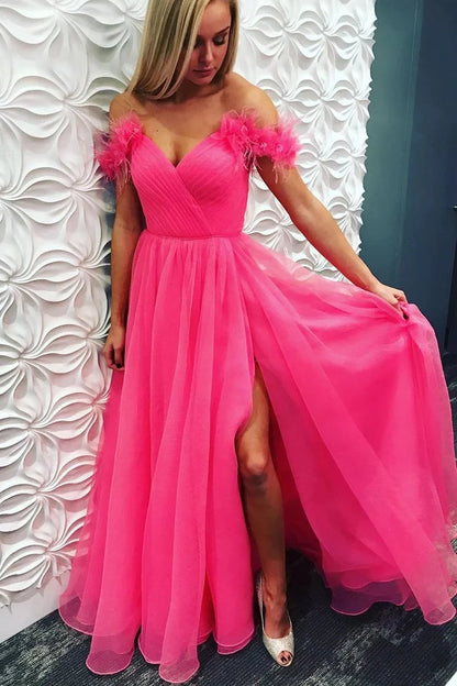 Off The Shoulder Tulle Prom Dresses Lace Up With Split
