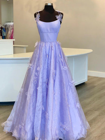 A Line Lavender Spaghetti Straps Tulle Floral Prom Dresses