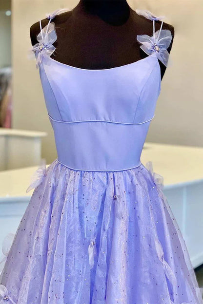 A Line Lavender Spaghetti Straps Tulle Floral Prom Dresses