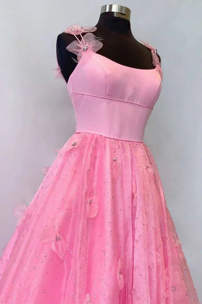 A Line Lavender Spaghetti Straps Tulle Floral Prom Dresses