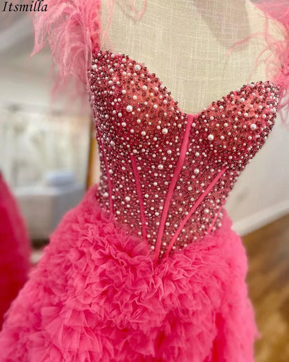 Hot Sale Beaded Feather Off-the-Shoulder Tiered Long Prom Dress with Slit