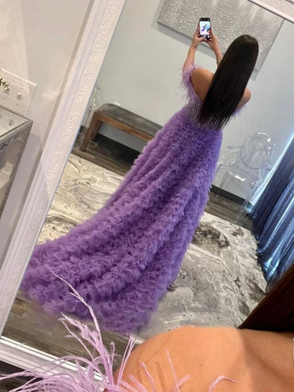Hot Sale Beaded Feather Off-the-Shoulder Tiered Long Prom Dress with Slit