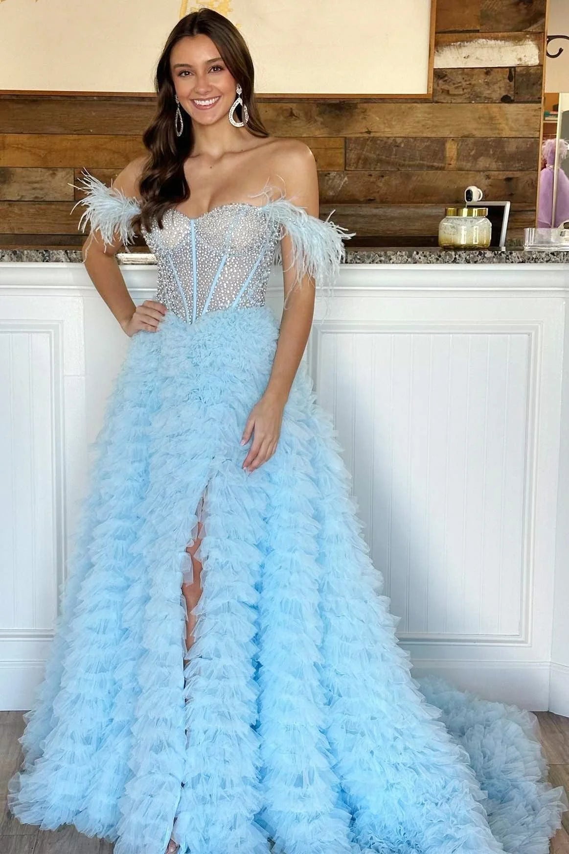 Hot Sale Beaded Feather Off-the-Shoulder Tiered Long Prom Dress with Slit