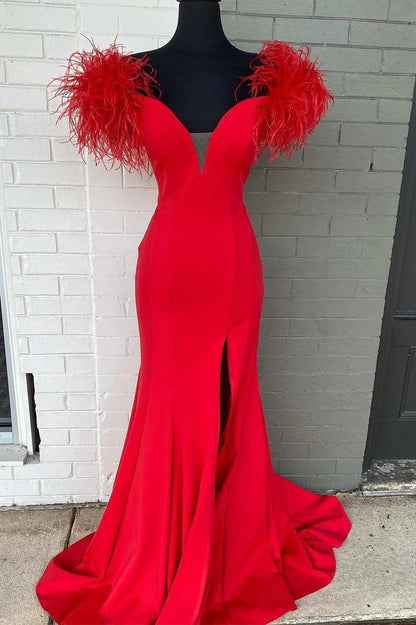 V Neck Mermaid Slit Long Prom Dresses With Feathers