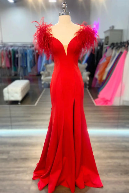 V Neck Mermaid Slit Long Prom Dresses With Feathers
