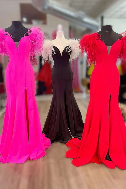 V Neck Mermaid Slit Long Prom Dresses With Feathers