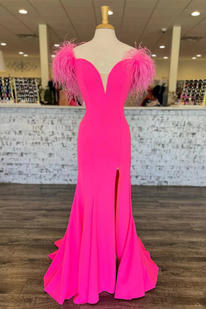 V Neck Mermaid Slit Long Prom Dresses With Feathers
