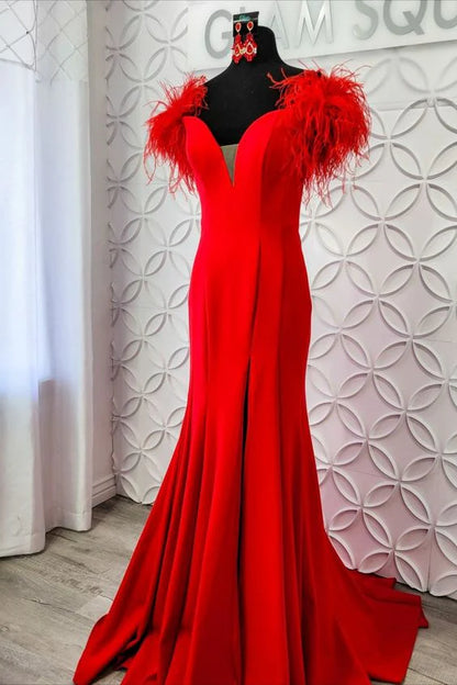 V Neck Mermaid Slit Long Prom Dresses With Feathers