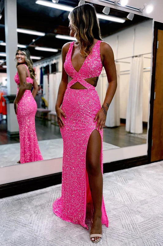 Beaira Sheath Deep V Neck Hot Pink Sequins Long Prom Dresses with Split Front - Hot Pink