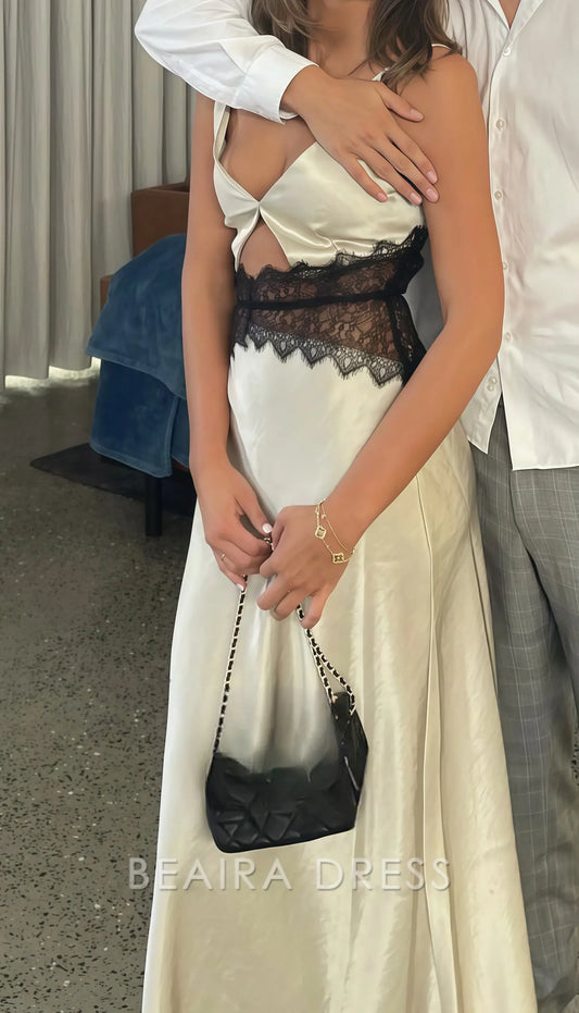 Beaira Elegant Ivory Sheath Lace Spaghetti Straps Long Evening Prom Dress formal wear dresses