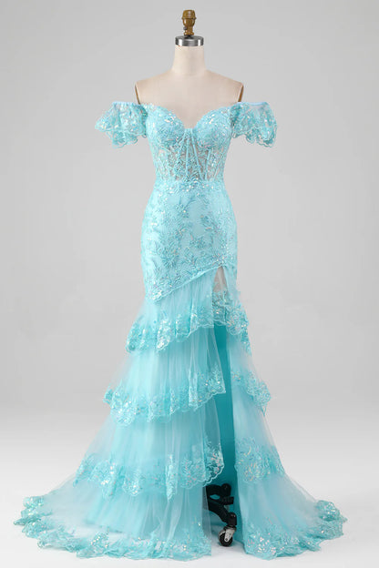 Off the Shoulder Lace and Sequin Mermaid Prom Dress with Slit