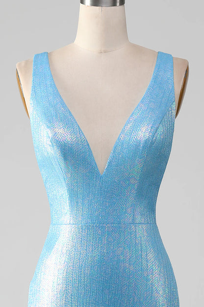 Beaira Glitter Blue V-neck Mermaid Prom Dress