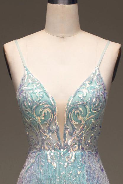 Beaira Sparkly Mermaid Grey Blue Prom Dress with Slit