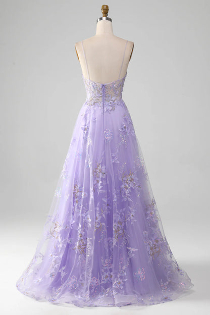 Beaira A-Line Sequins Purple Prom Dress with Embroidery