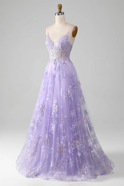 Beaira A-Line Sequins Purple Prom Dress with Embroidery