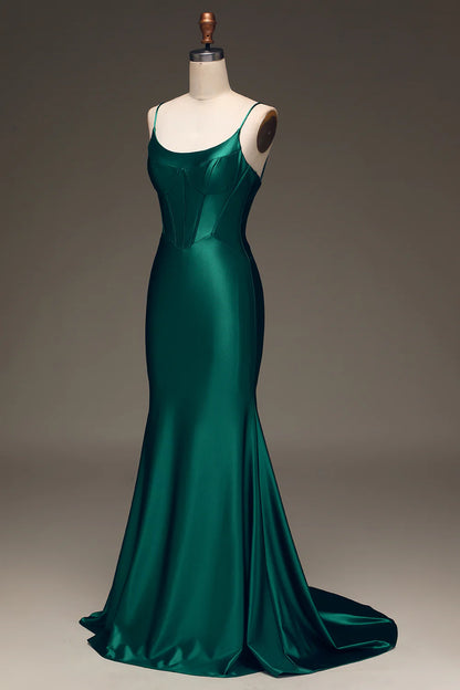 Beaira Satin Mermaid Lace-Up Back Dark Green Prom Dress with Corset