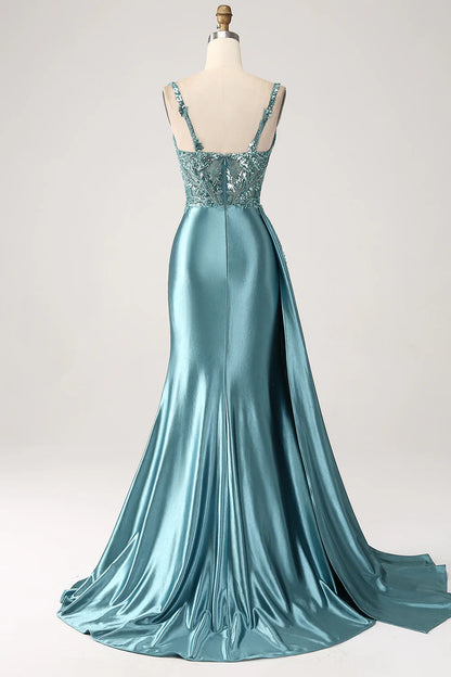 Beaira Blue Mermaid V-Neck Satin Long Appliques Sequin Prom Dress With Slit