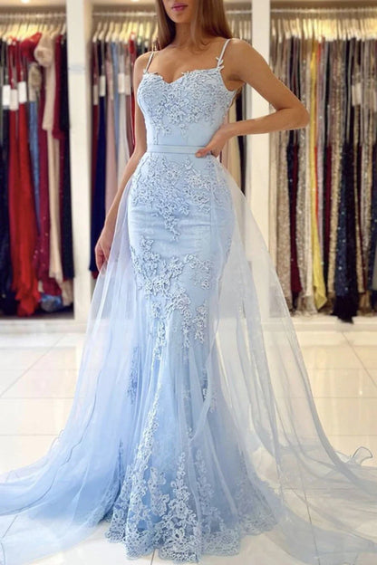 Lace Mermaid Unique Sweetheart Spaghetti Straps Tulle Sexy Prom Dresses