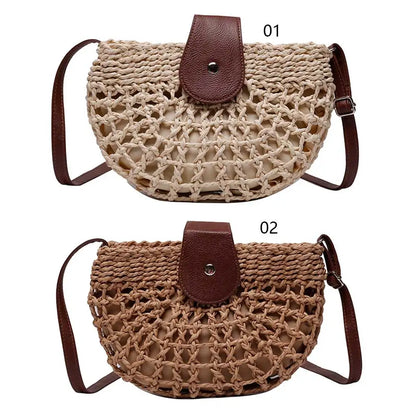 Beaira Ladies Semicircle Straw Handbag with Adjustable Strap Knitting Crossbody Bag Casual Sling Bag Travel Vacation Commute Bag