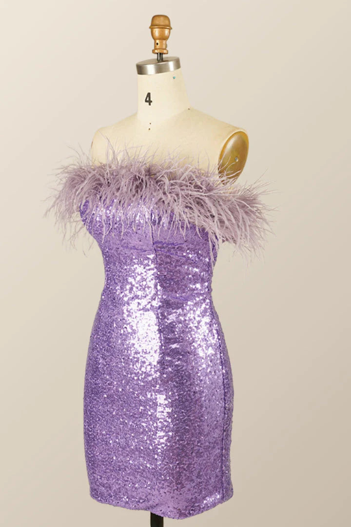 Lady Bodycon Sequin Feather Strapless Short/Mini Homecoming Dress