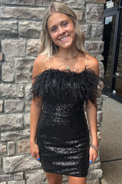 Lady Bodycon Sequin Feather Strapless Short/Mini Homecoming Dress