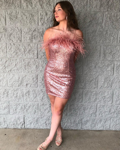 Lady Bodycon Sequin Feather Strapless Short/Mini Homecoming Dress