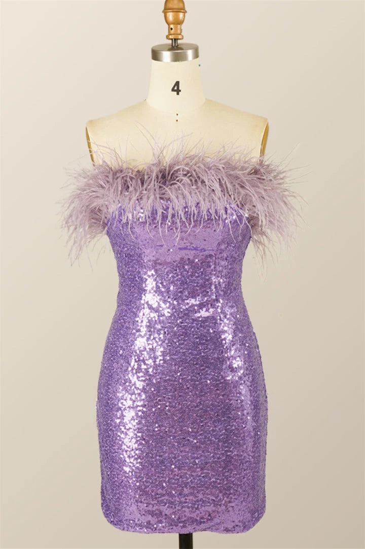 Lady Bodycon Sequin Feather Strapless Short/Mini Homecoming Dress