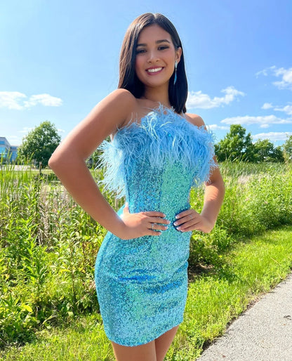 Lady Bodycon Sequin Feather Strapless Short/Mini Homecoming Dress