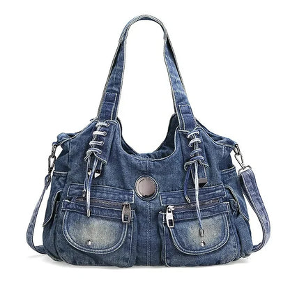 Beaira Large Capacity Handbag Casual Hobo Denim Bag Women Shoulder Bag Jeans Multiple Pockets Tote Bag