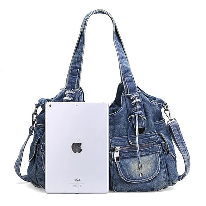 Beaira Large Capacity Handbag Casual Hobo Denim Bag Women Shoulder Bag Jeans Multiple Pockets Tote Bag