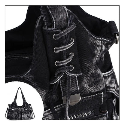 Beaira Large Capacity Handbag Casual Hobo Denim Bag Women Shoulder Bag Jeans Multiple Pockets Tote Bag
