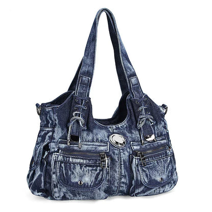 Beaira Large Capacity Handbag Casual Hobo Denim Bag Women Shoulder Bag Jeans Multiple Pockets Tote Bag