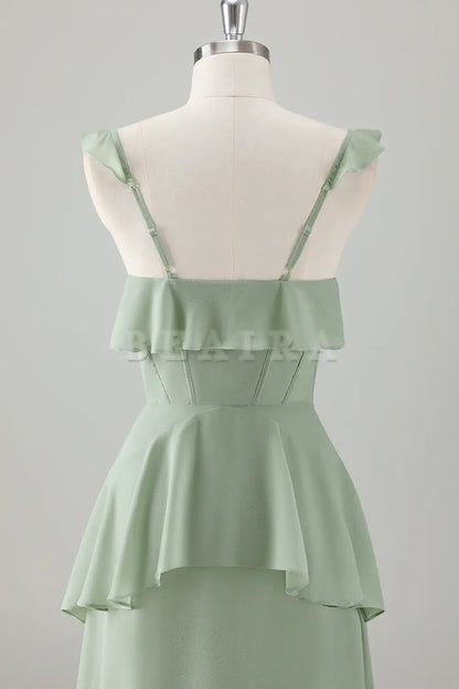 Beaira Light Green A-Line Square Neck Chiffon Tiered Long Bridesmaid Dress Bridesmaid dress shop