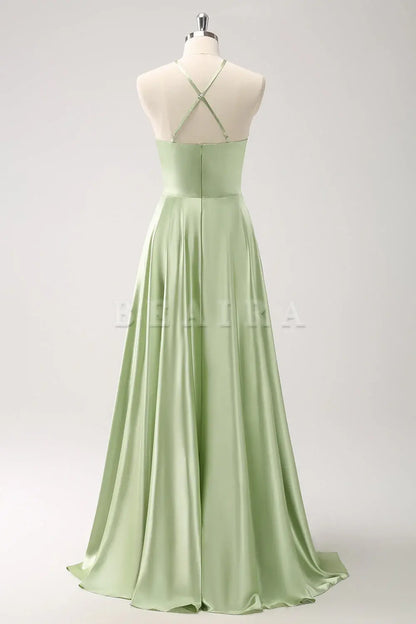 Beaira Light Green A Line Halter Hollow Out Satin Bridesmaid Dress with Flower Bridesmaid dress shop