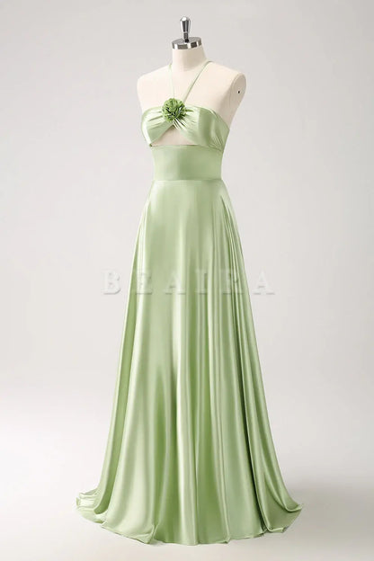 Beaira Light Green A Line Halter Hollow Out Satin Bridesmaid Dress with Flower Bridesmaid dress shop